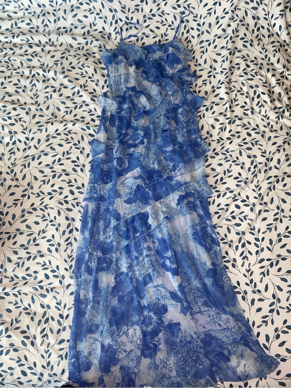 PrettyLittleThing Blue Floral Chiffon Extreme Frill Maxi Dress